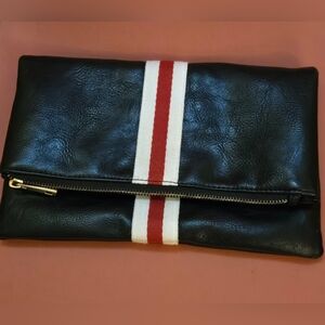 Stylish, Minimalistic Black/White Foldover Clutch Handbag Red Stripe